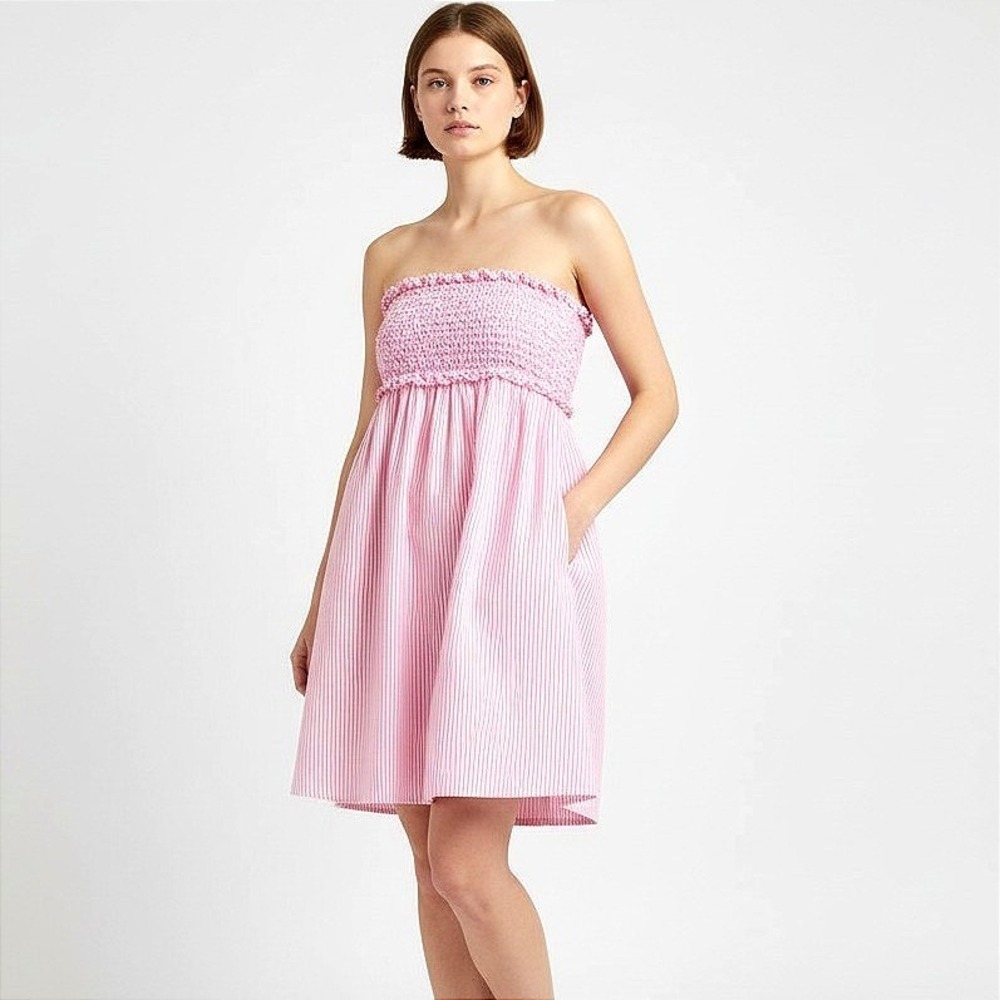 Lilly Pulitzer Pink Seersucker Strapless Mini Dress Ruffle Bust Back Tie Cutout